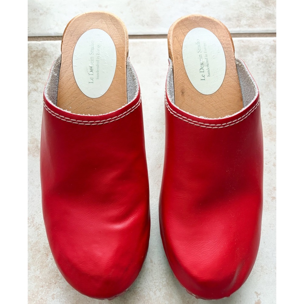 Le Dessein Studio Red Leather Wooden Clogs Handcrafted Europe Swedish Style 40
